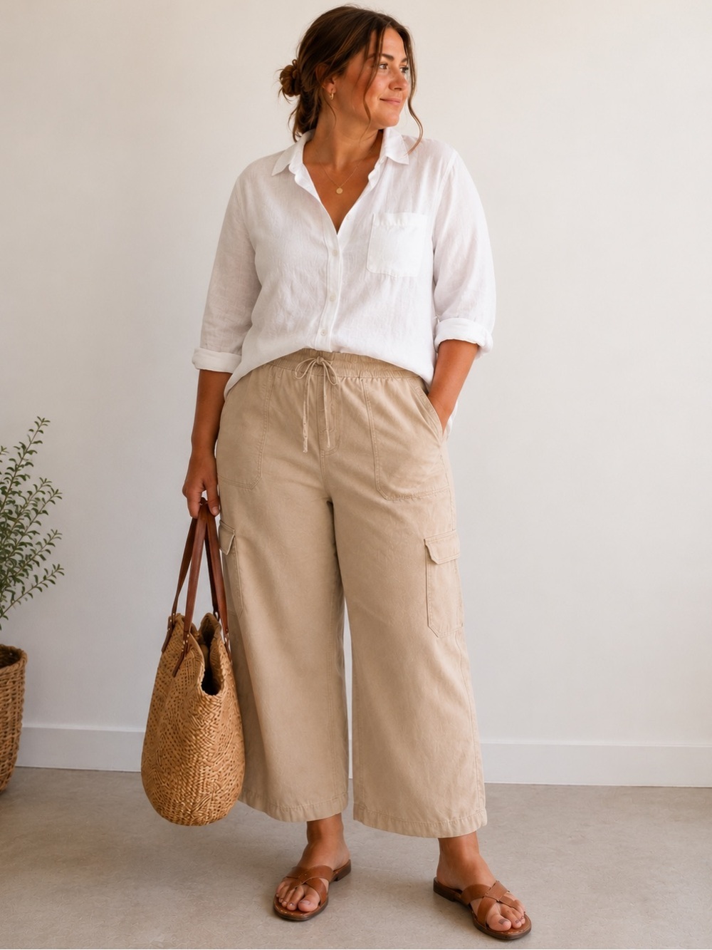 J.Crew Beige Linen Blend Drawstring Cargo Cropped Pants Women’s
